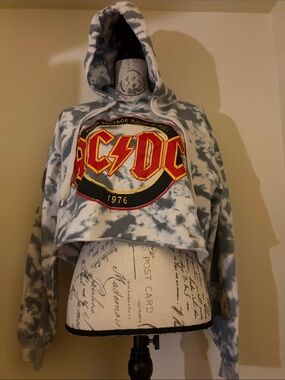 AC/DC Tie-Dye Cropped Hoodie in Gray, White with Red Logo